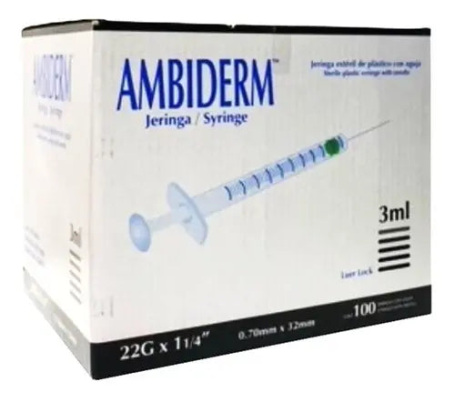 17502224246061 - AMBIDERM - Jeringa Desechable Estéril 3ml 22g 32mm Ambiderm Caja C/100 | TiendaDDC.com