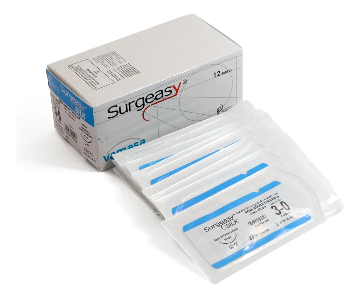 7501258222198 - SURGEASY - CIRUGIA - Sutura Surgeasy Seda Negra No Reabsorbible 3-0 Caja Master con 12 sobres | TiendaDDC.com