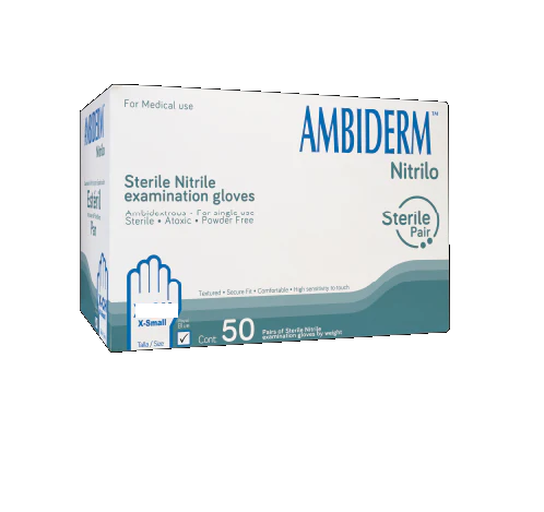 Tienda DDC - AMBIDERM - GUANTES - Guante Nitrilo Estéril ambiderm bolsas individuales azul 50 pares | TiendaDDC.com