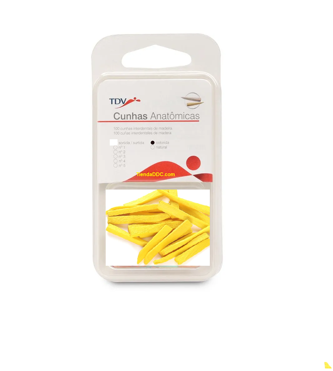 7897990349539 - TDV - RESTA - Cuña anatómica de madera Nº1 – amarilla 100 pzas | TiendaDDC.com
