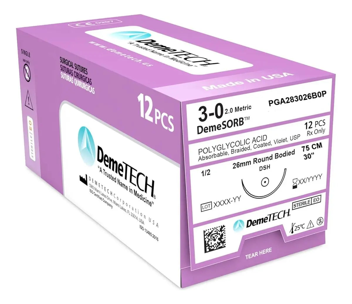 652927198645 - Tienda DDC - CLINICA - Sutura Absorbible Ácido Poliglicólico 3-0 Ahusada 26mm 75cm 12pzas DemeTECH | TiendaDDC.com