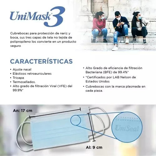 Cubrebocas Plisado Tricapa Unimask 50 Pz Uniseal Desechable