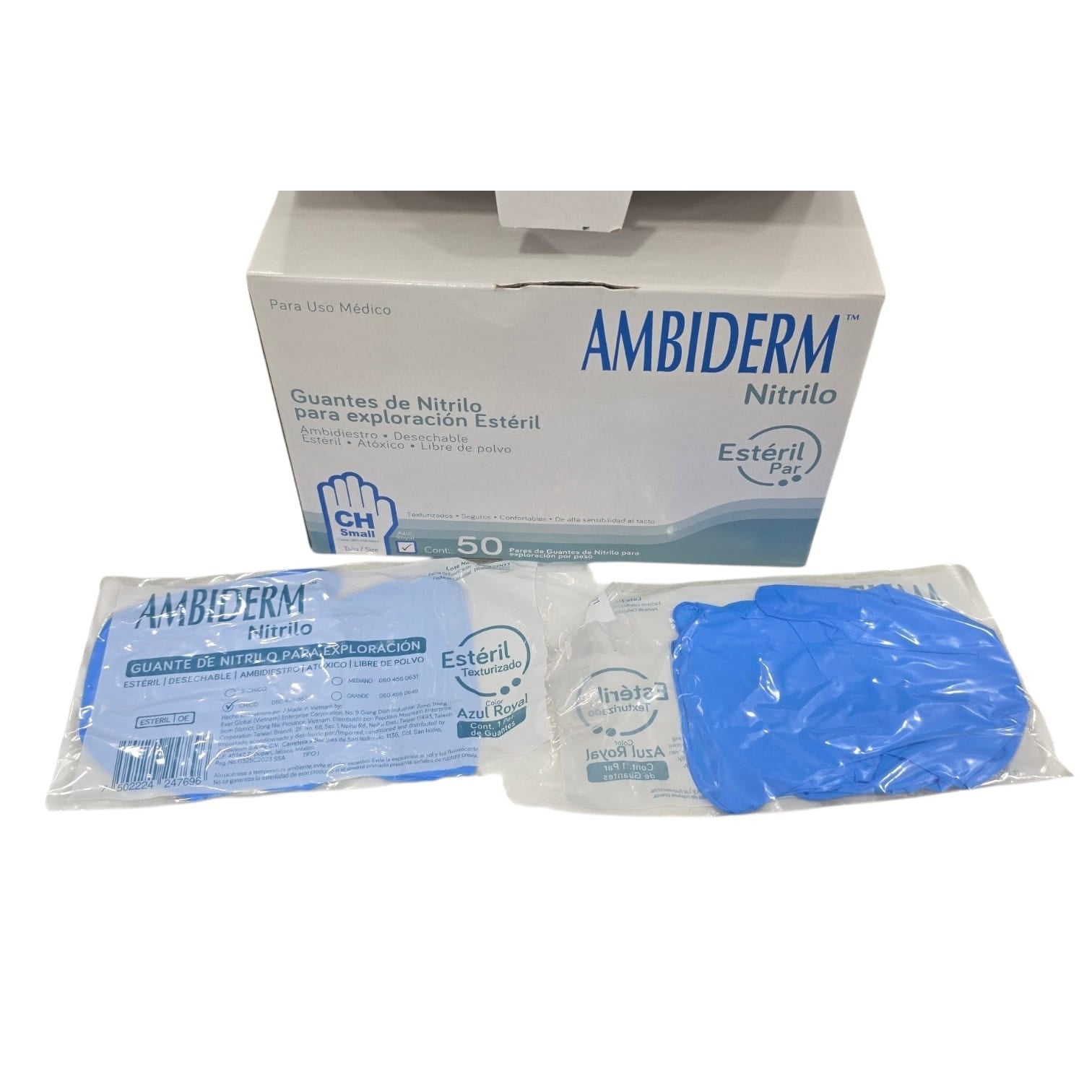 Tienda DDC - AMBIDERM - GUANTES - Guante Nitrilo Estéril ambiderm bolsas individuales azul 50 pares | TiendaDDC.com